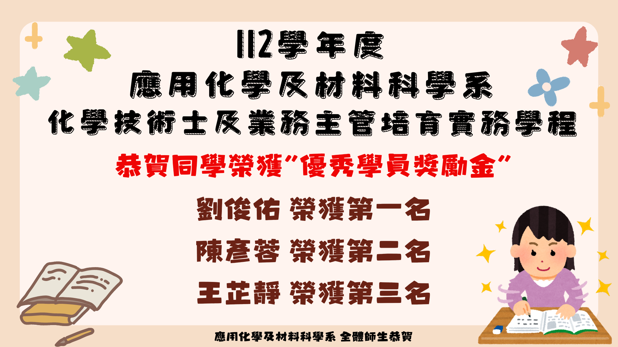 112化學技術士及業務主管培育實務學程優秀學員獎勵