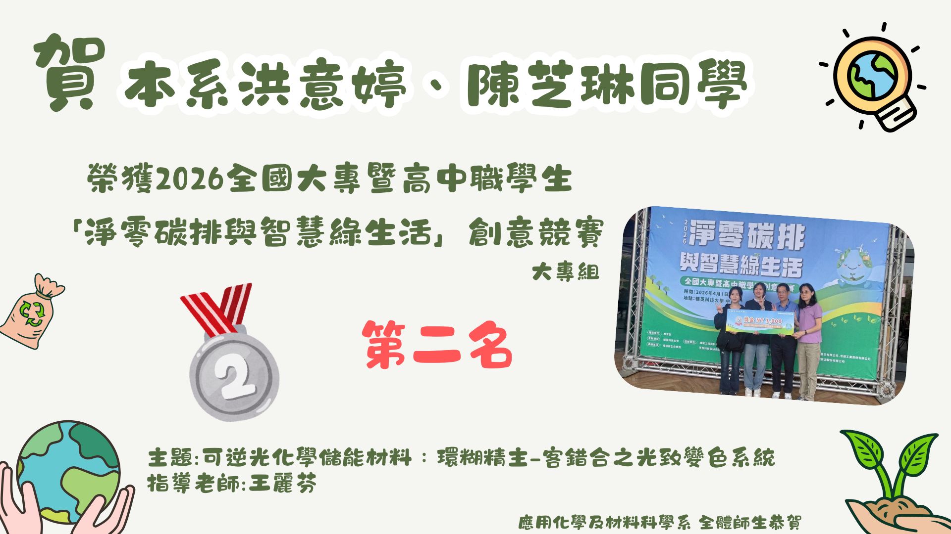 2026全國大專暨高中職學生 「淨零碳排與智慧綠生活」創意競賽 第二名